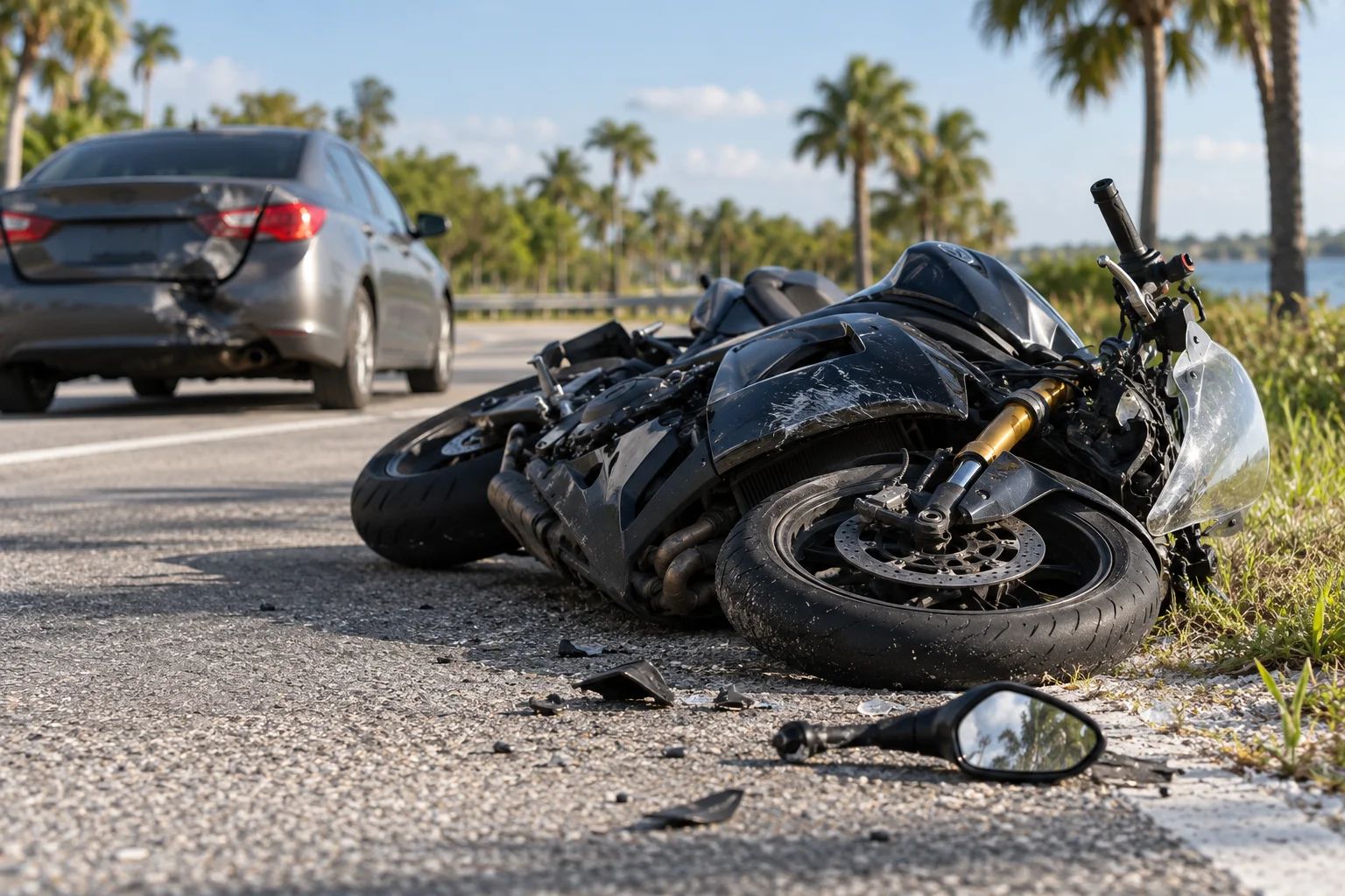 Motorcycle on its side beside a road