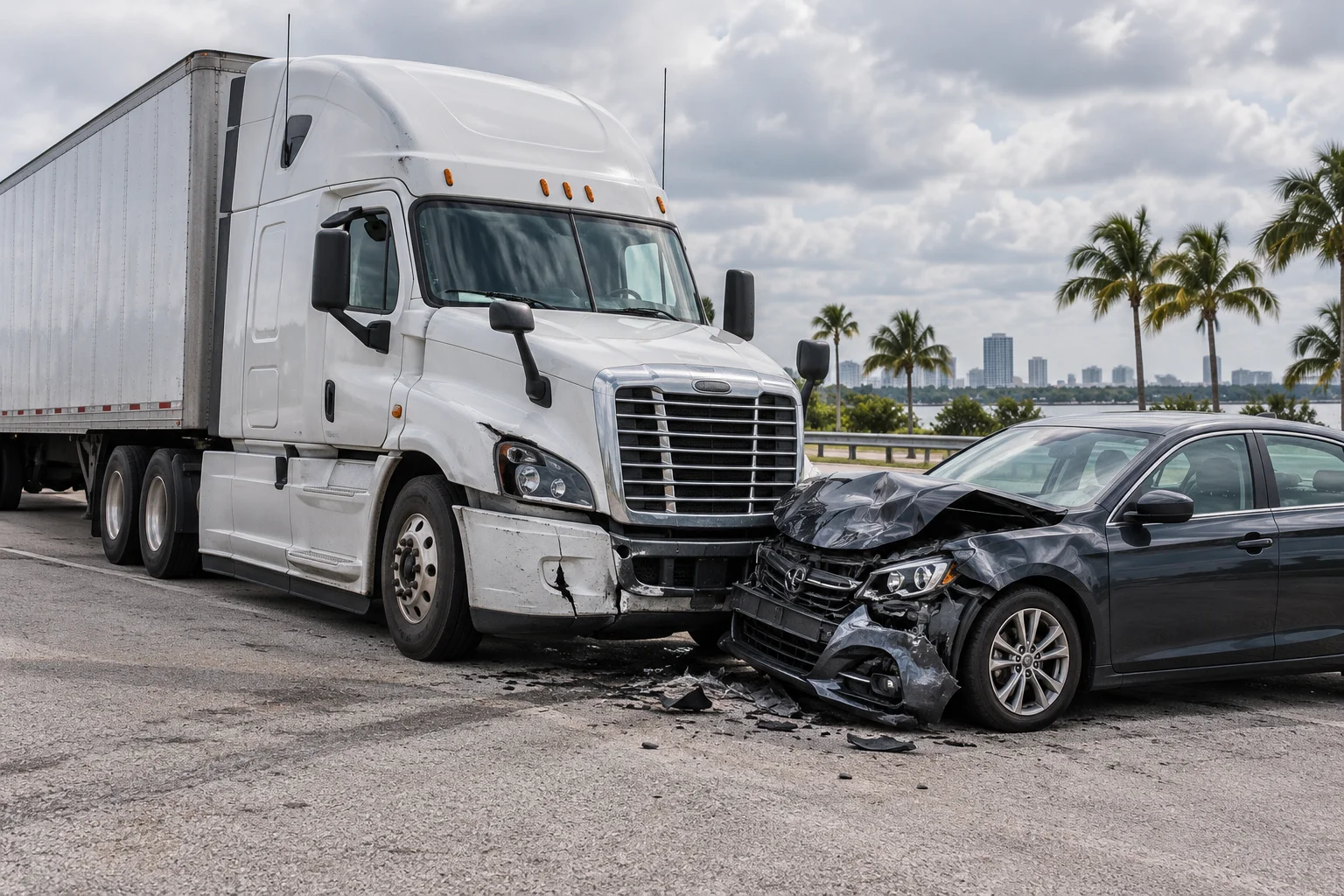 Commercial truck and damaged passenger car